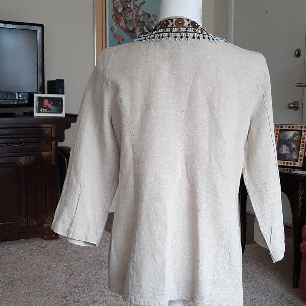 Chico's tan Linen jacket with turqoise beads and copper tacking - Picture 3 of 8